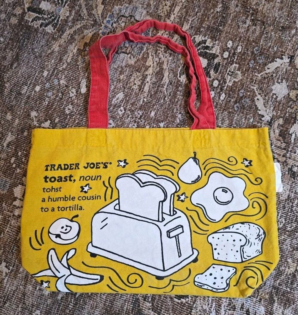 Trader Joe's Vtg Waffle Breakfast Canvas Tote Yellow Red Made USA Grocery Bag